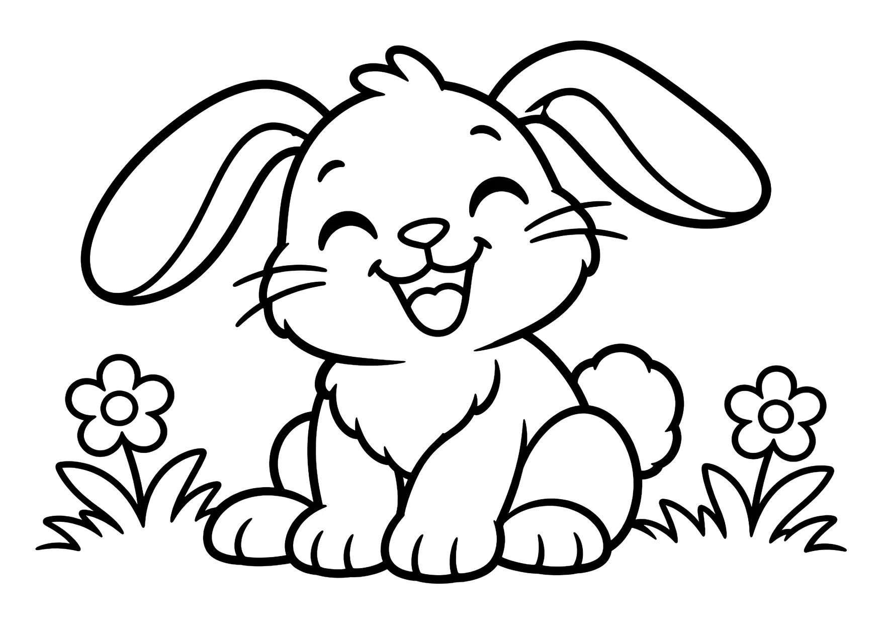 Ausmalbild: Sitzender Hase mit langen Ohren lacht, daneben zwei Blumen und Gras.