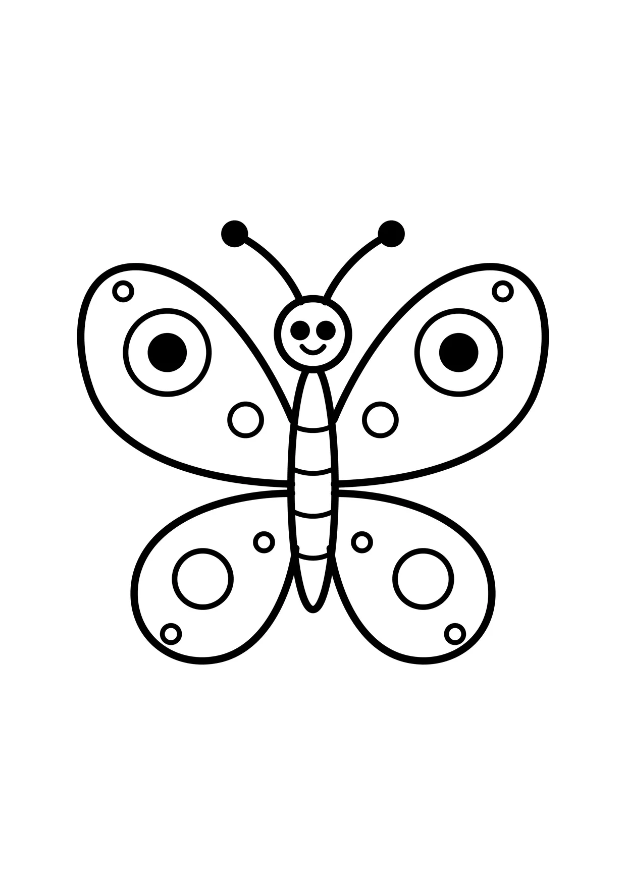 Ausmalbild: lachender Schmetterling mit Kreisen auf den Flügeln