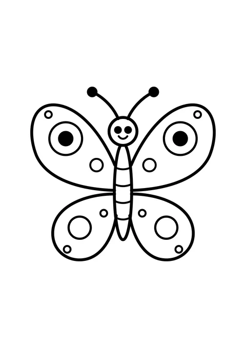 Ausmalbild: lachender Schmetterling mit Kreisen auf den Flügeln