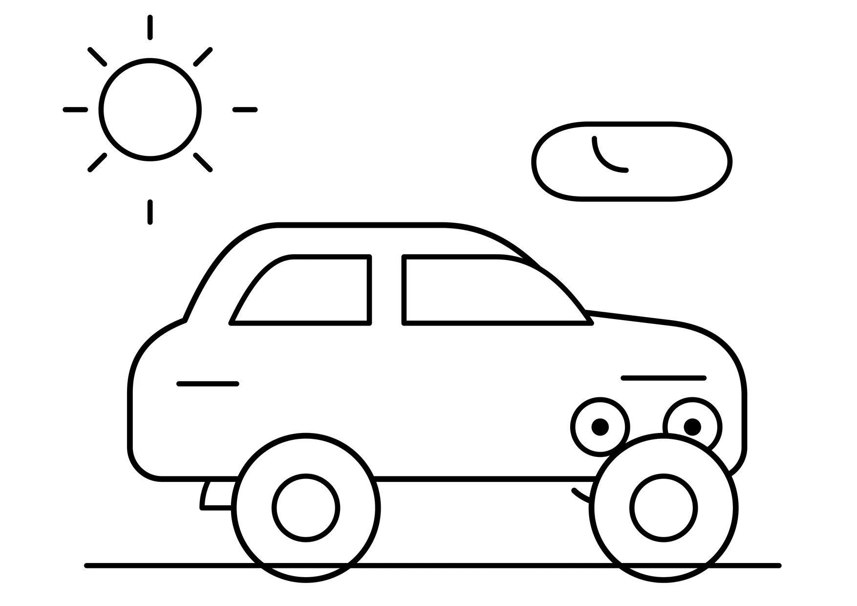 Ausmalbild: lachender Sportwagen mit großen Augen, Sonne und Wolke, einfache Linien