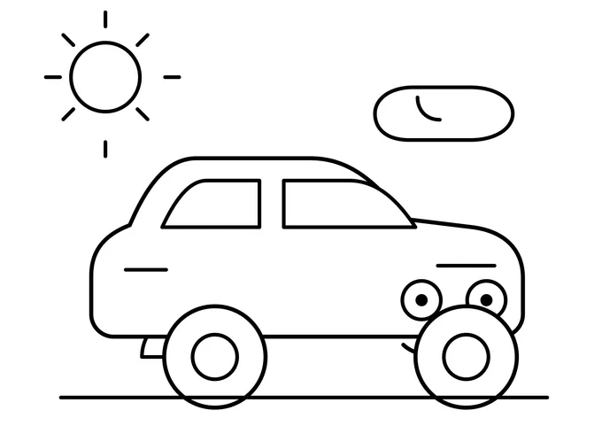 Ausmalbild: lachender Sportwagen mit großen Augen, Sonne und Wolke, einfache Linien