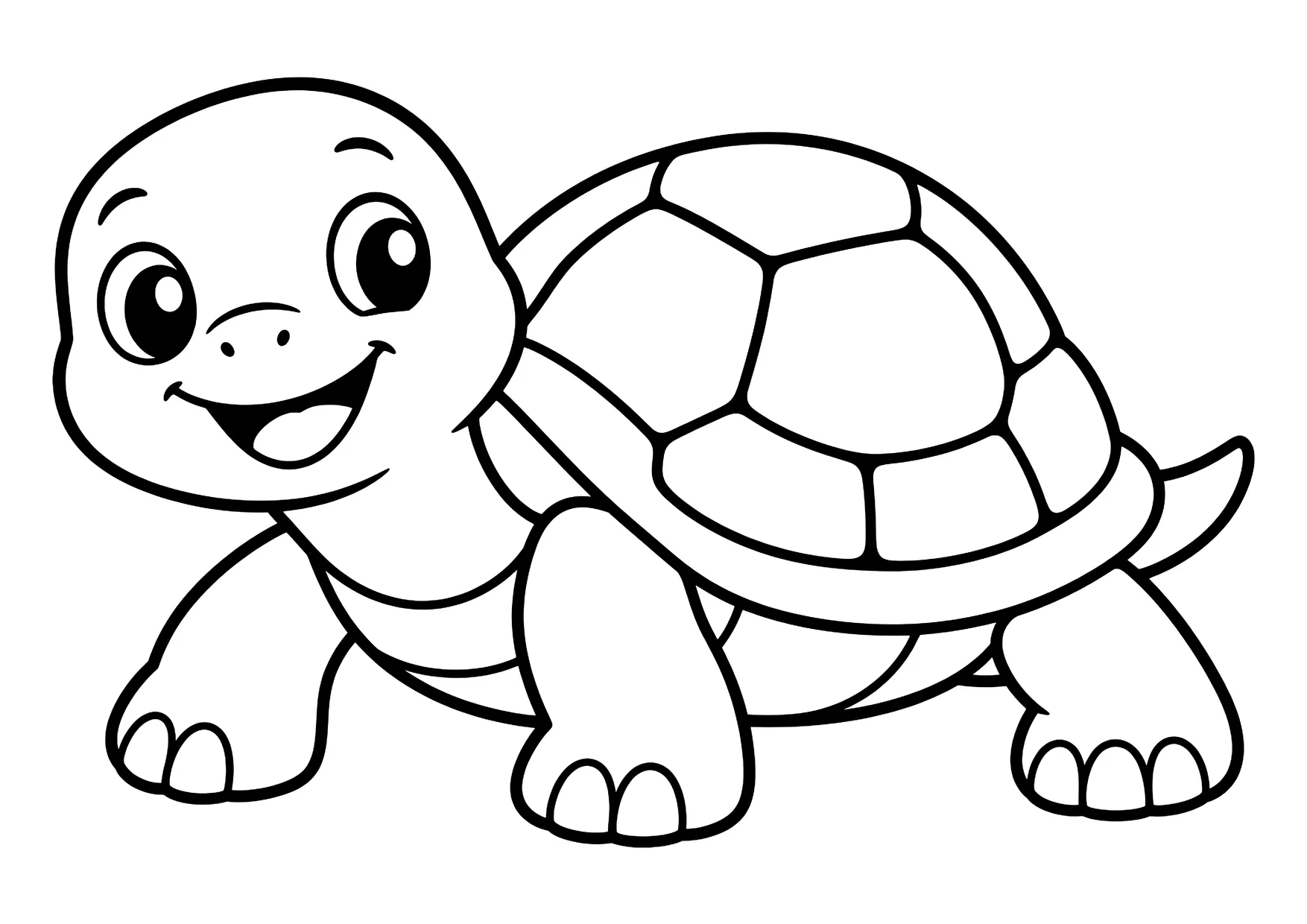 Ausmalbild: lächelnde Schildkröte im Seitenprofil mit großen Augen und gemustertem Panzer