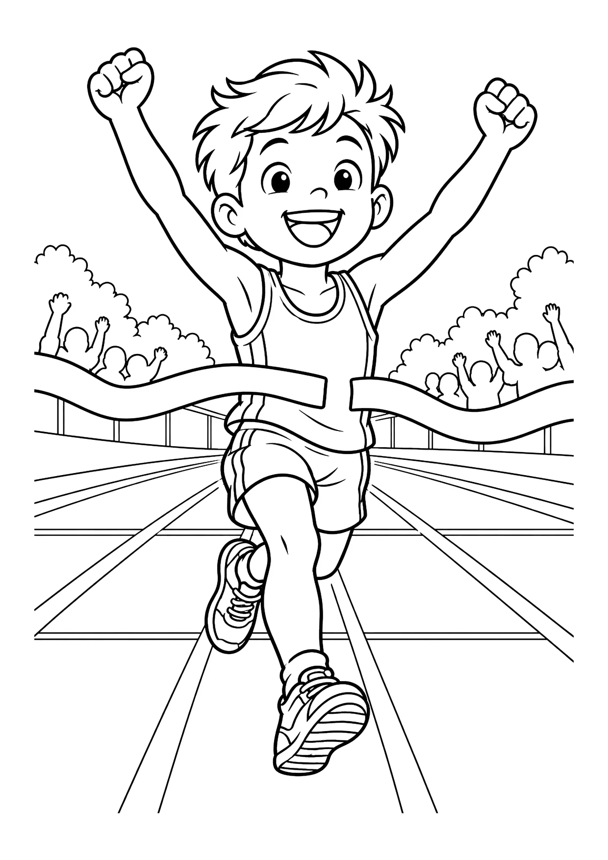 Ausmalbild: Junge läuft jubelnd durch das Zielband auf einer Laufbahn, dahinter jubelnde Zuschauer.