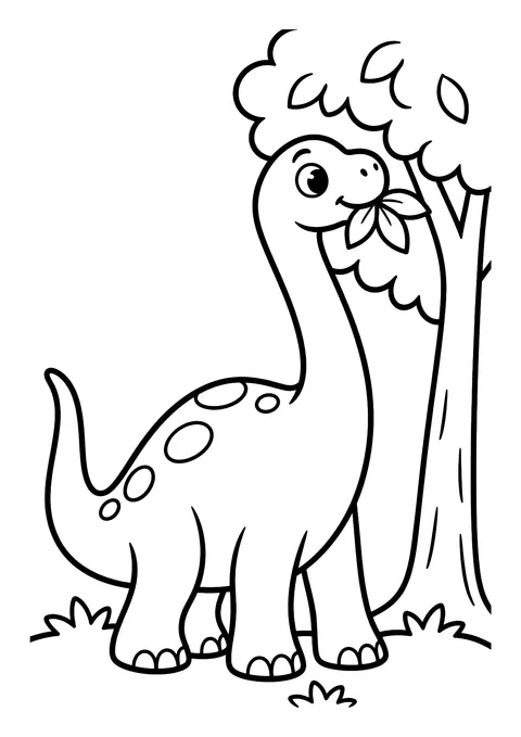 Ausmalbild: Lächelnder Langhals-Dinosaurier frisst Blätter von einem Baum, mit Gras im Vordergrund