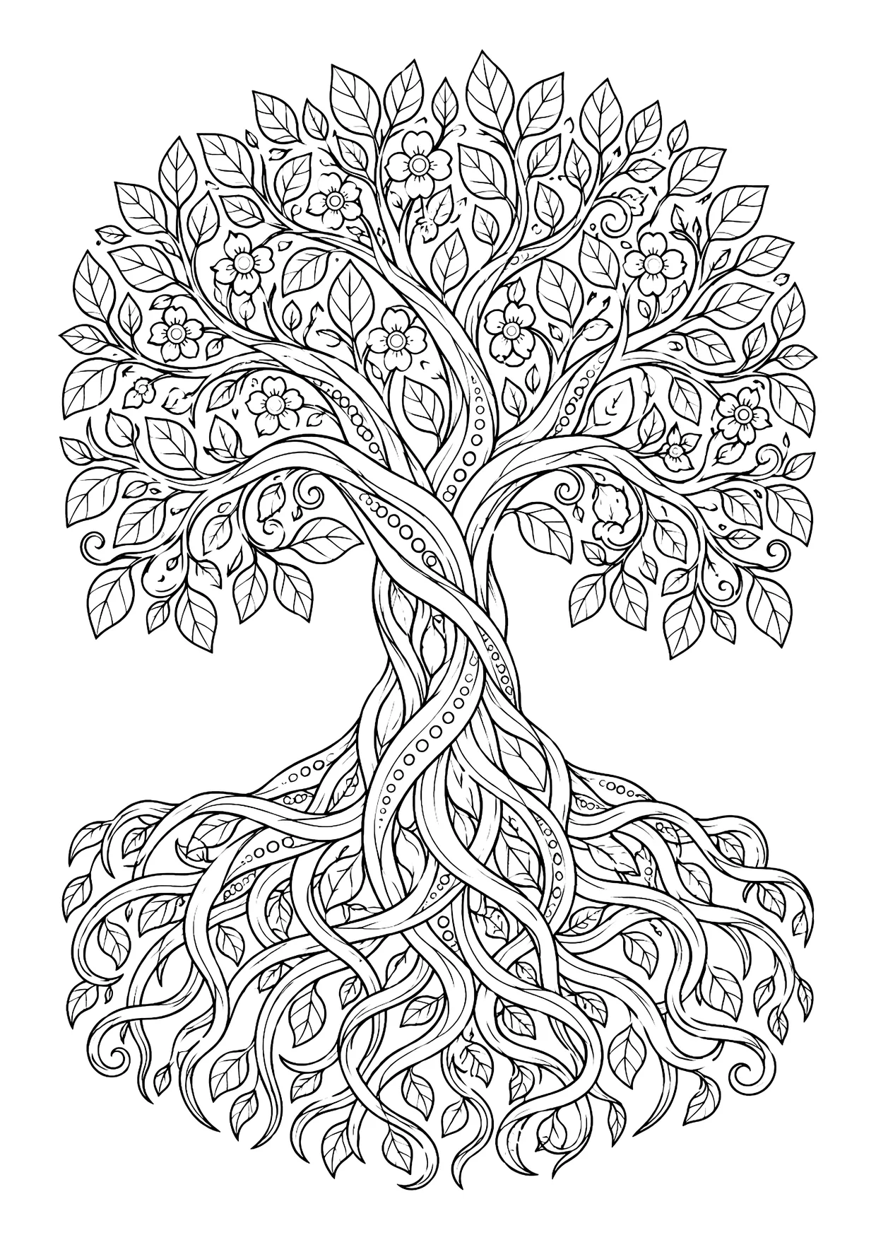 Ausmalbild: Lebensbaum mit belaubter Krone, Blüten und breit verschlungenem Wurzelgeflecht