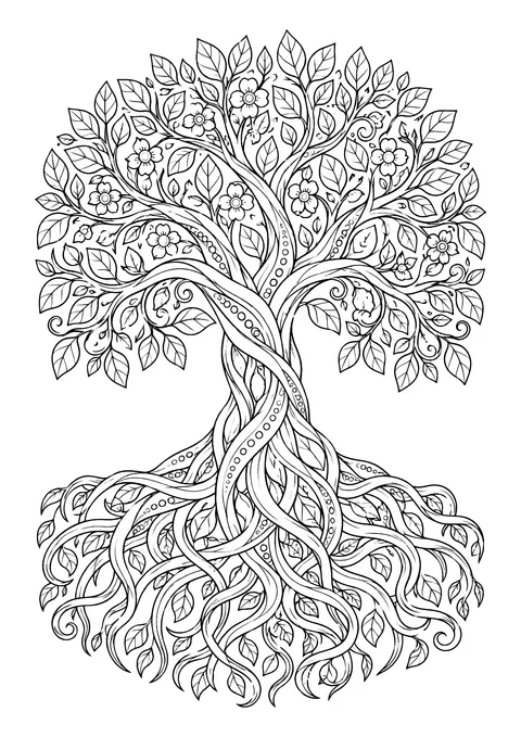 Ausmalbild: Lebensbaum mit belaubter Krone, Blüten und breit verschlungenem Wurzelgeflecht