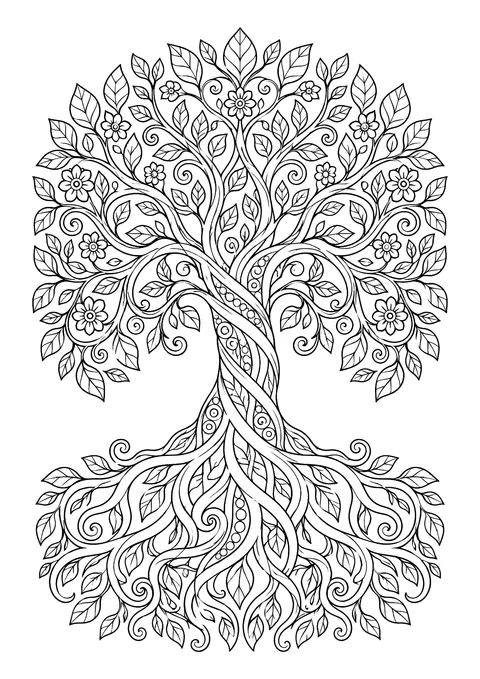 Ausmalbild: Lebensbaum mit geflochtenem Stamm, Blätterkrone mit Blüten und weit verzweigten Wurzeln