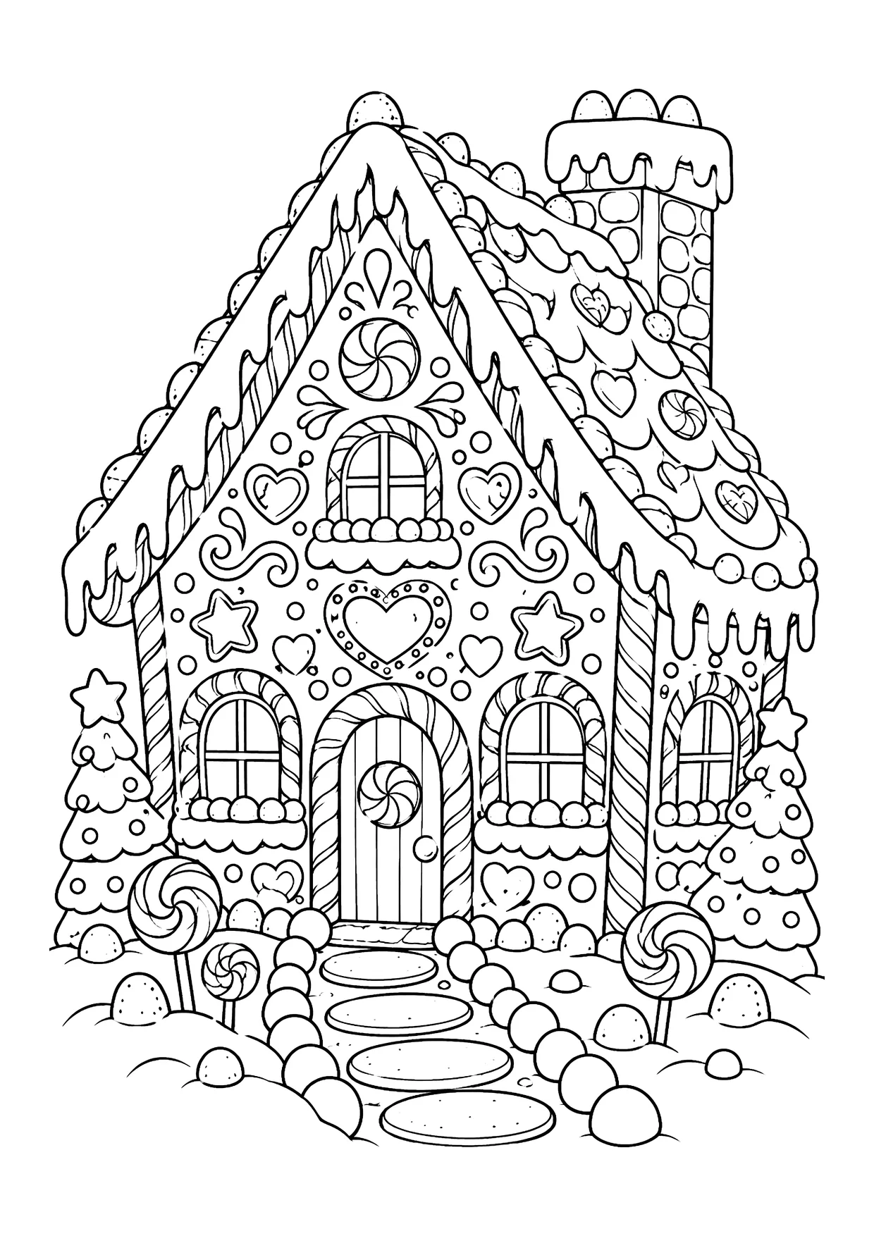 Ausmalbild: Lebkuchenhaus mit Zuckerguss, Bonbons, Zuckerstangen, Lutschern, Keksweg und zwei Tannenbäumen