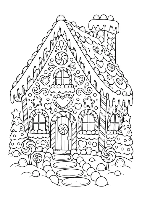 Ausmalbild: Lebkuchenhaus mit Zuckerguss, Bonbons, Zuckerstangen, Lutschern, Keksweg und zwei Tannenbäumen