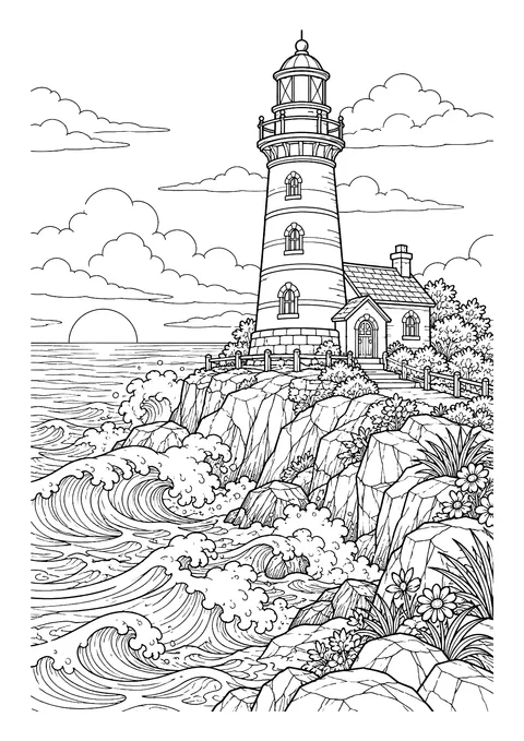 Ausmalbild: Leuchtturm mit Wärterhaus auf Felsklippe, brandende Wellen, Wolken und tief stehende Sonne am Meer