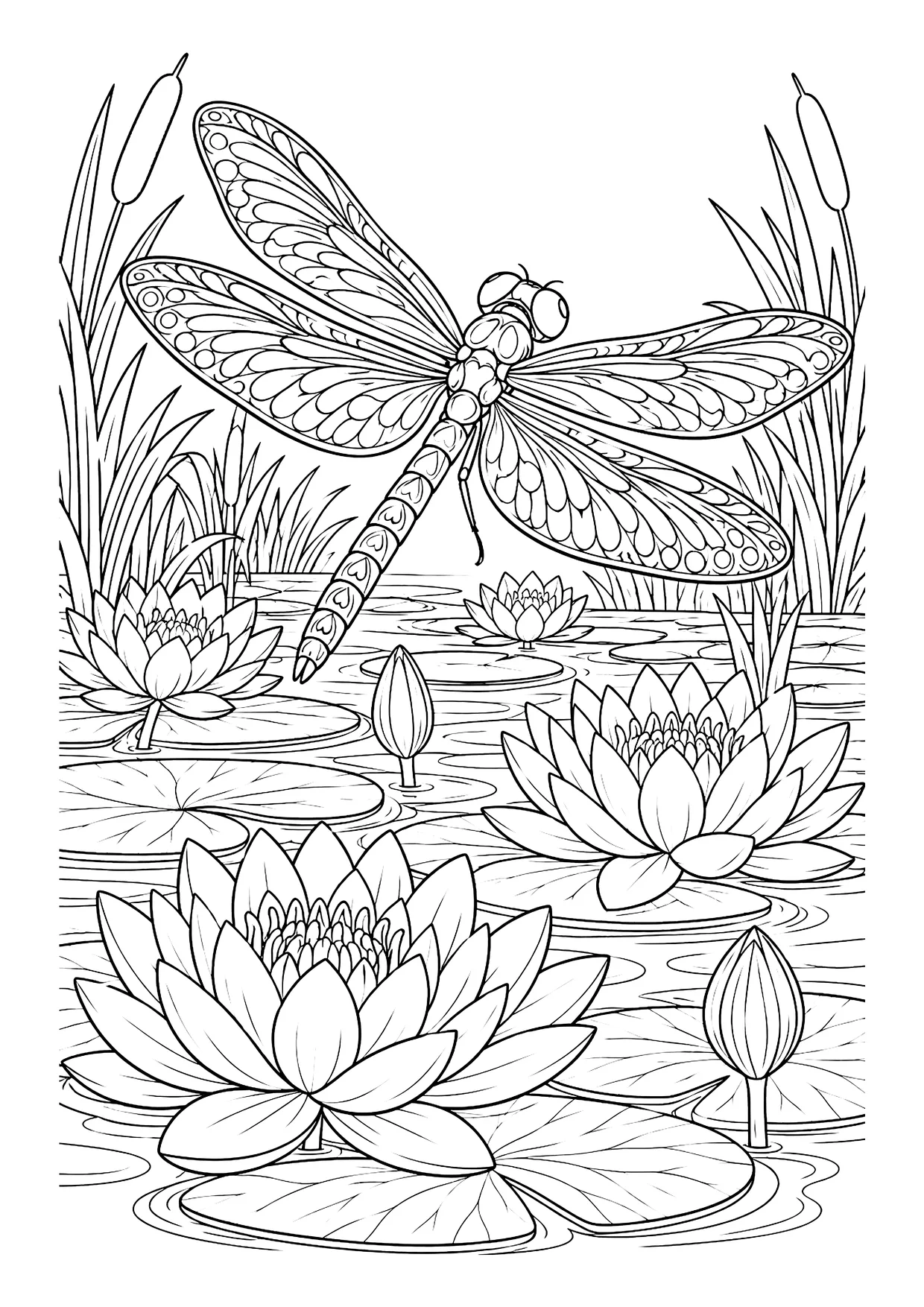 Ausmalbild: Libelle mit gemusterten Flügeln über einem Seerosenteich mit Blüten, Knospen, Blättern und Schilf