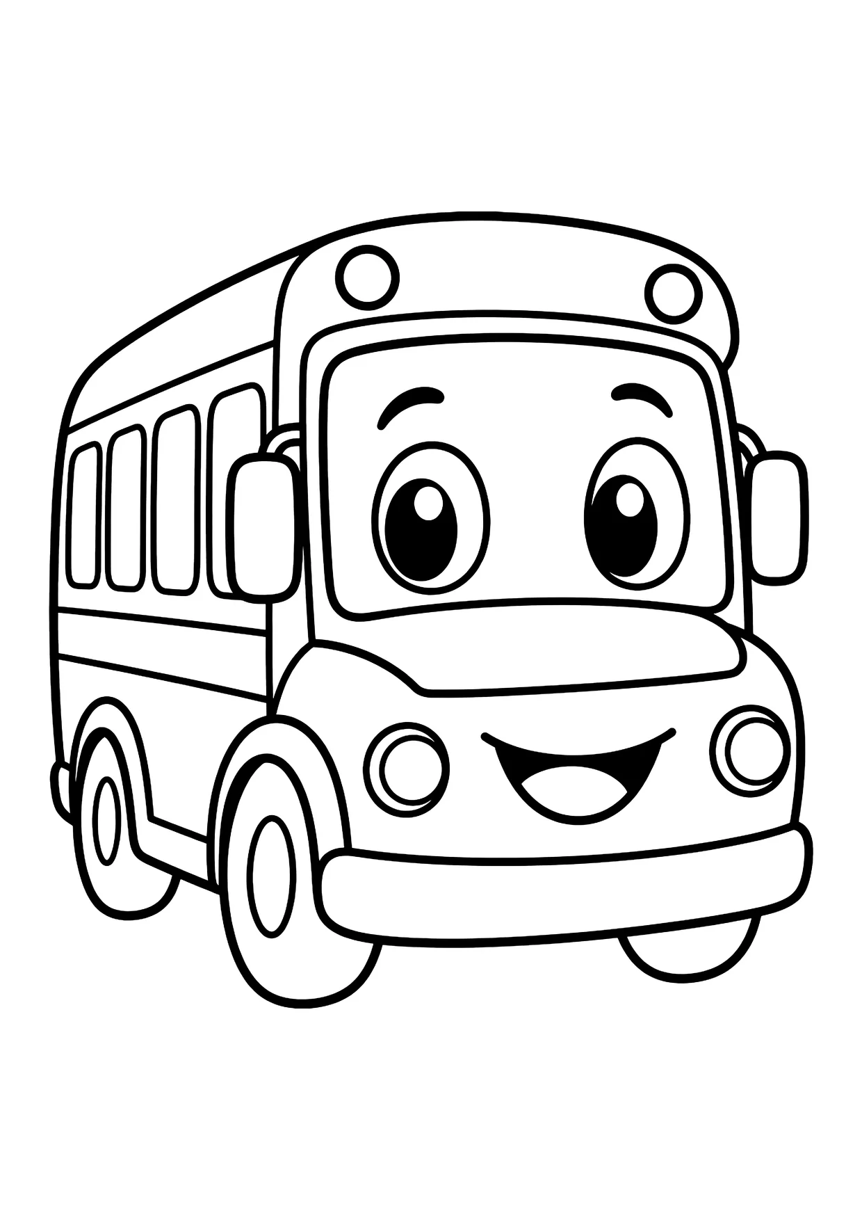 Ausmalbild: Schulbus mit lachendem Gesicht, großen Augen, Fenstern und zwei Dachleuchten