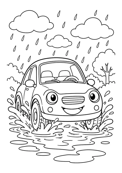 Ausmalbild: Lachendes Auto mit großen Augen fährt durch eine Pfütze, Regentropfen fallen aus drei Wolken, Baum im Hintergrund