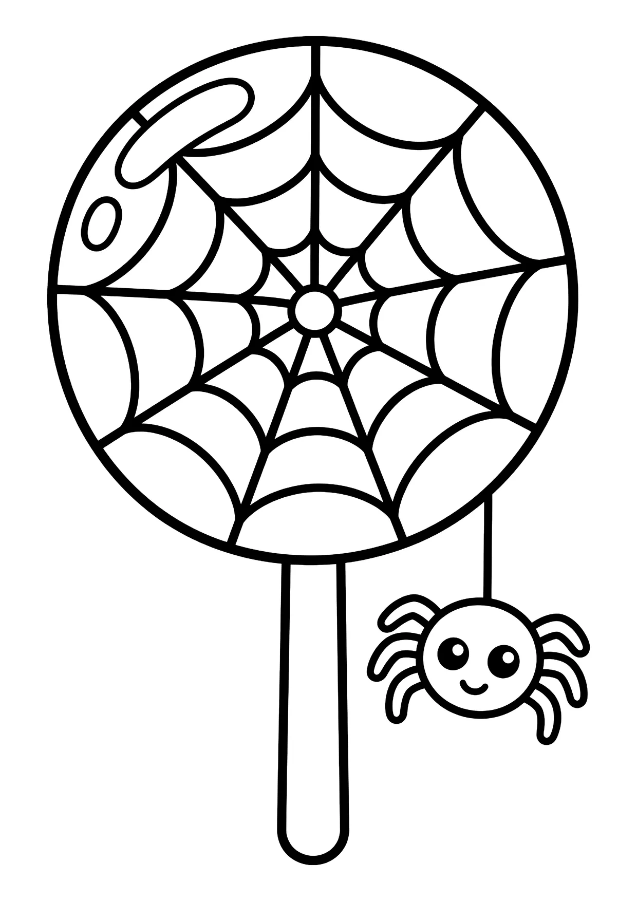 Ausmalbild: Runder Lutscher am Stiel mit Spinnennetz-Muster und kleiner lächelnder Spinne an einem Faden