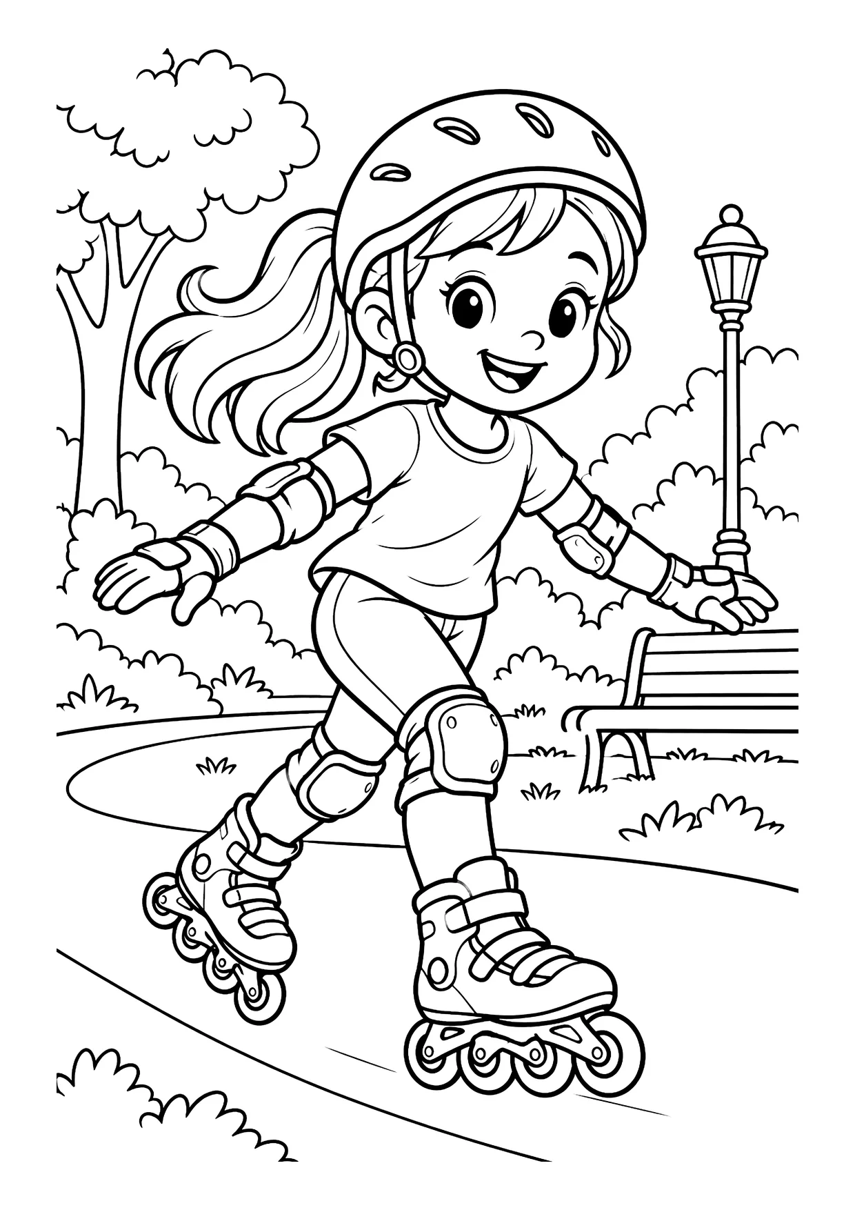 Ausmalbild: Mädchen mit Helm und Schonern fährt auf Inline-Skates durch einen Park mit Bank und Laterne
