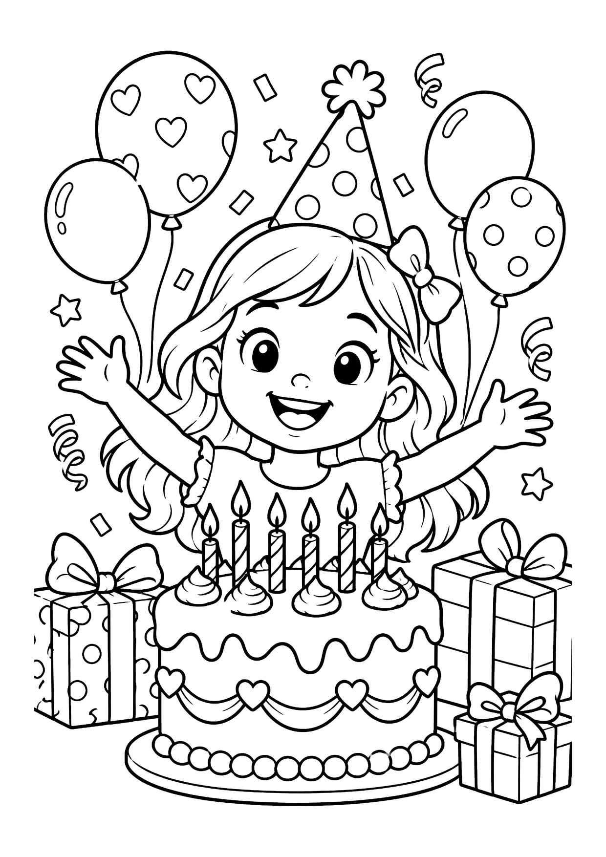 Ausmalbild: Mädchen mit Partyhut hinter einer Geburtstagstorte mit sechs Kerzen, Luftballons, Konfetti und Geschenken