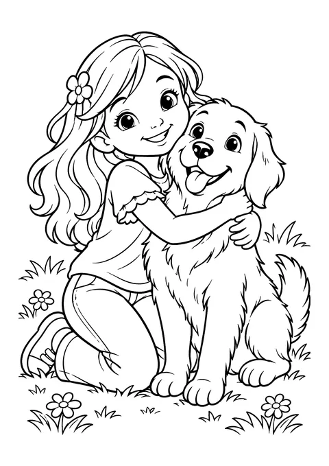 Ausmalbild: Mädchen mit Blume im Haar umarmt kniend einen langhaarigen Hund auf einer Wiese mit Blumen und Gras.