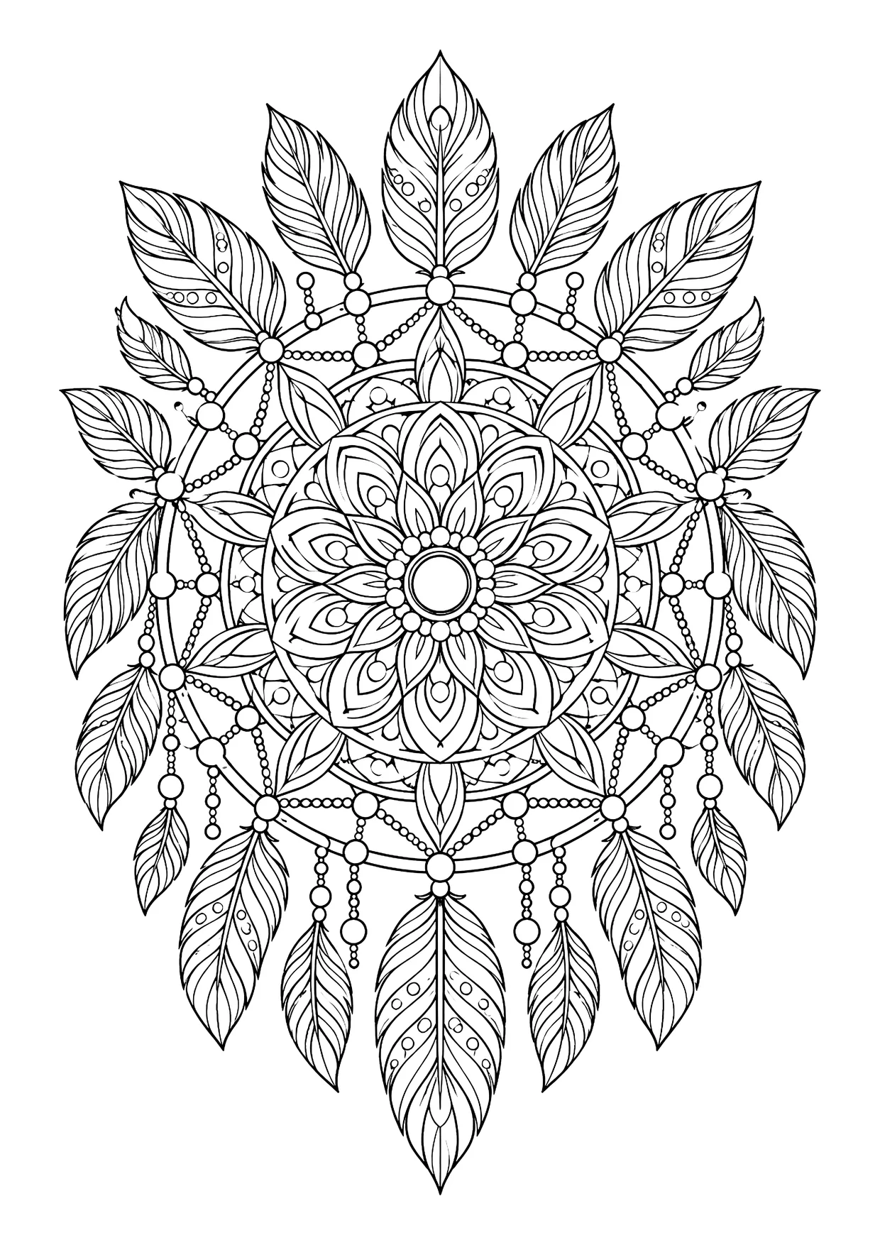 Ausmalbild: rundes Mandala mit Blütenmitte, Federkranz und hängenden Perlenketten
