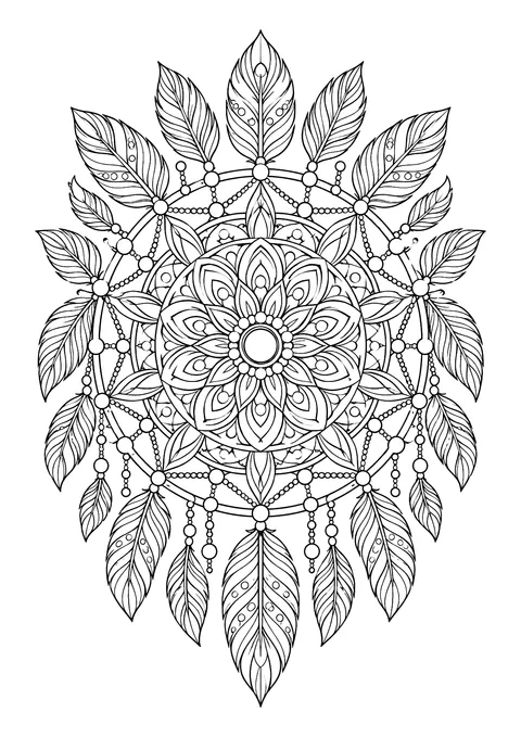 Ausmalbild: rundes Mandala mit Blütenmitte, Federkranz und hängenden Perlenketten