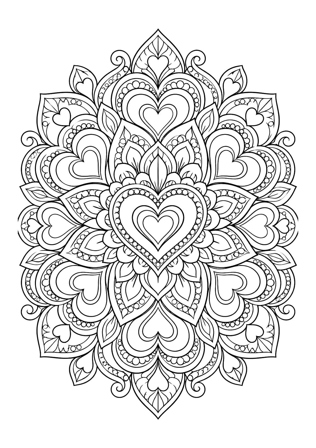 Ausmalbild: Mandala aus verschachtelten Herzen, Blütenblättern, Blättern und Punktreihen, symmetrisch aufgebaut