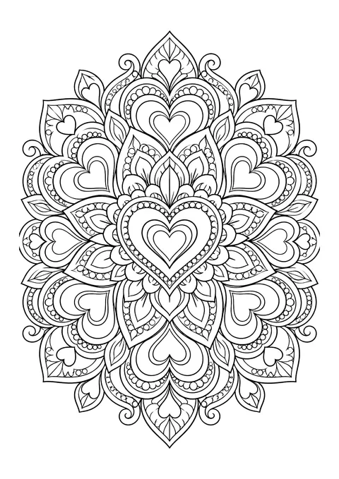 Ausmalbild: Mandala aus verschachtelten Herzen, Blütenblättern, Blättern und Punktreihen, symmetrisch aufgebaut
