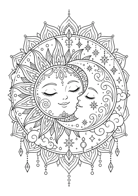 Ausmalbild: Mandala mit Sonnengesicht und Mondsichel, Sternen, Wolken und Blütenkranz