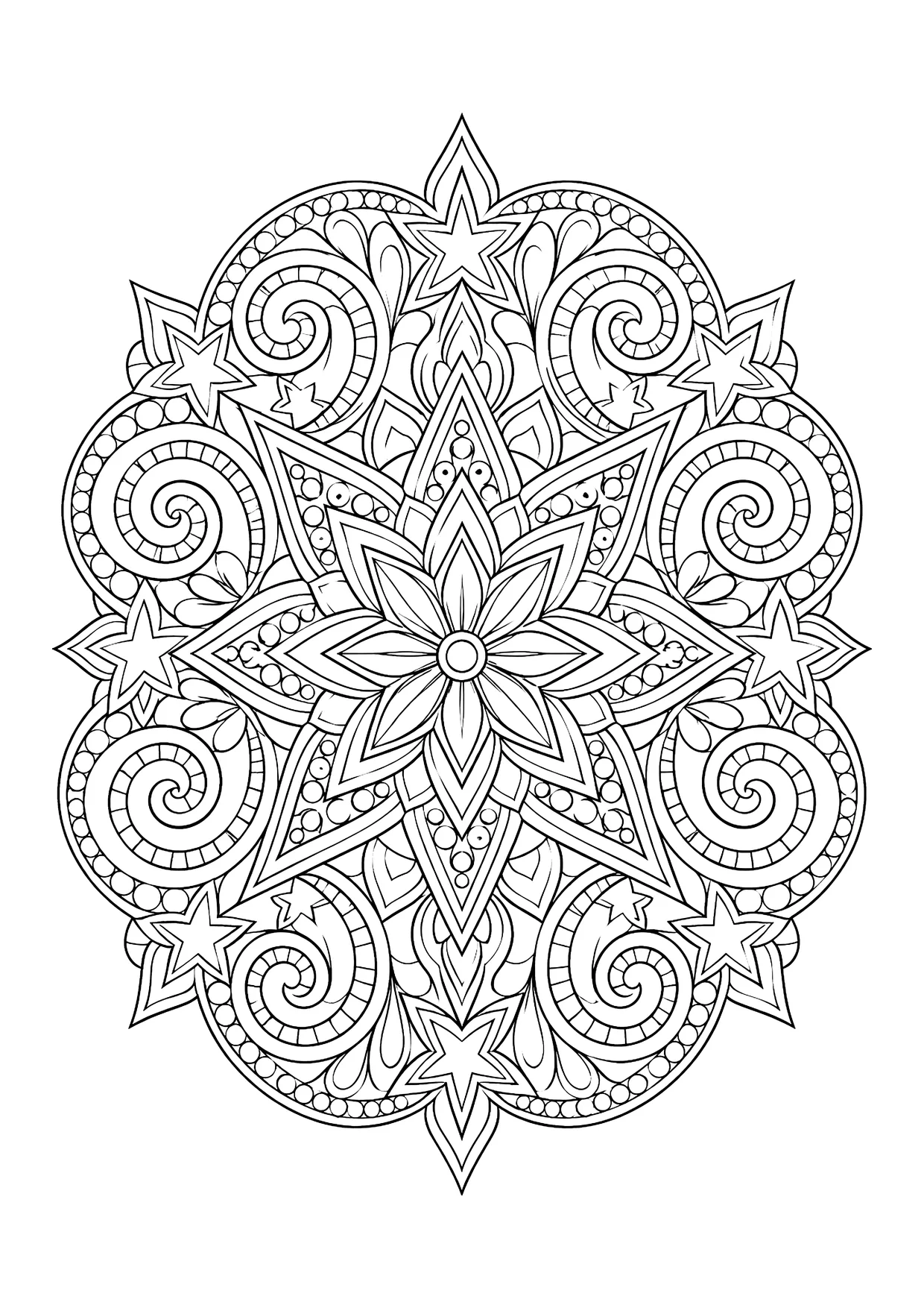 Ausmalbild: Mandala mit Blüte in der Mitte, Spiralen, Sternen und Punktreihen in dichtem Linienmuster