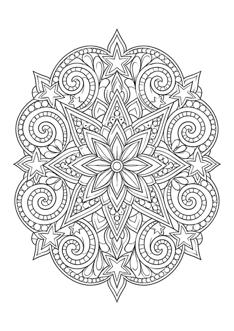 Ausmalbild: Mandala mit Blüte in der Mitte, Spiralen, Sternen und Punktreihen in dichtem Linienmuster