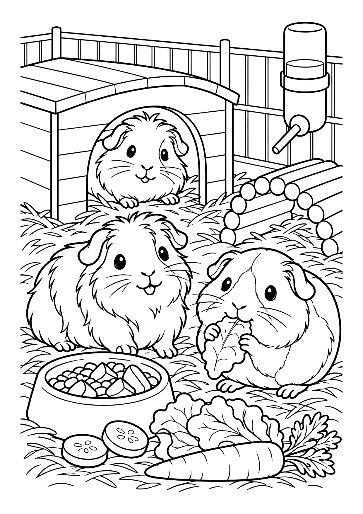 Ausmalbild: Drei Meerschweinchen im Gehege mit Holzhaus, Trinkflasche, Futternapf, Gurke, Salat und Möhre