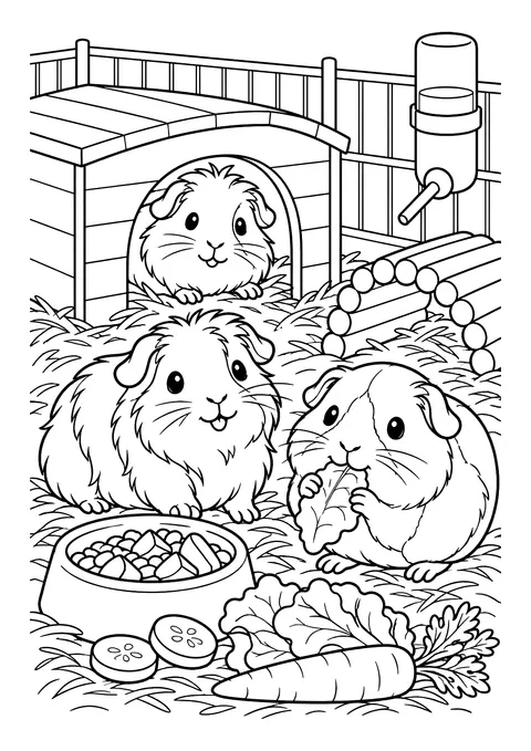 Ausmalbild: Drei Meerschweinchen im Gehege mit Holzhaus, Trinkflasche, Futternapf, Gurke, Salat und Möhre