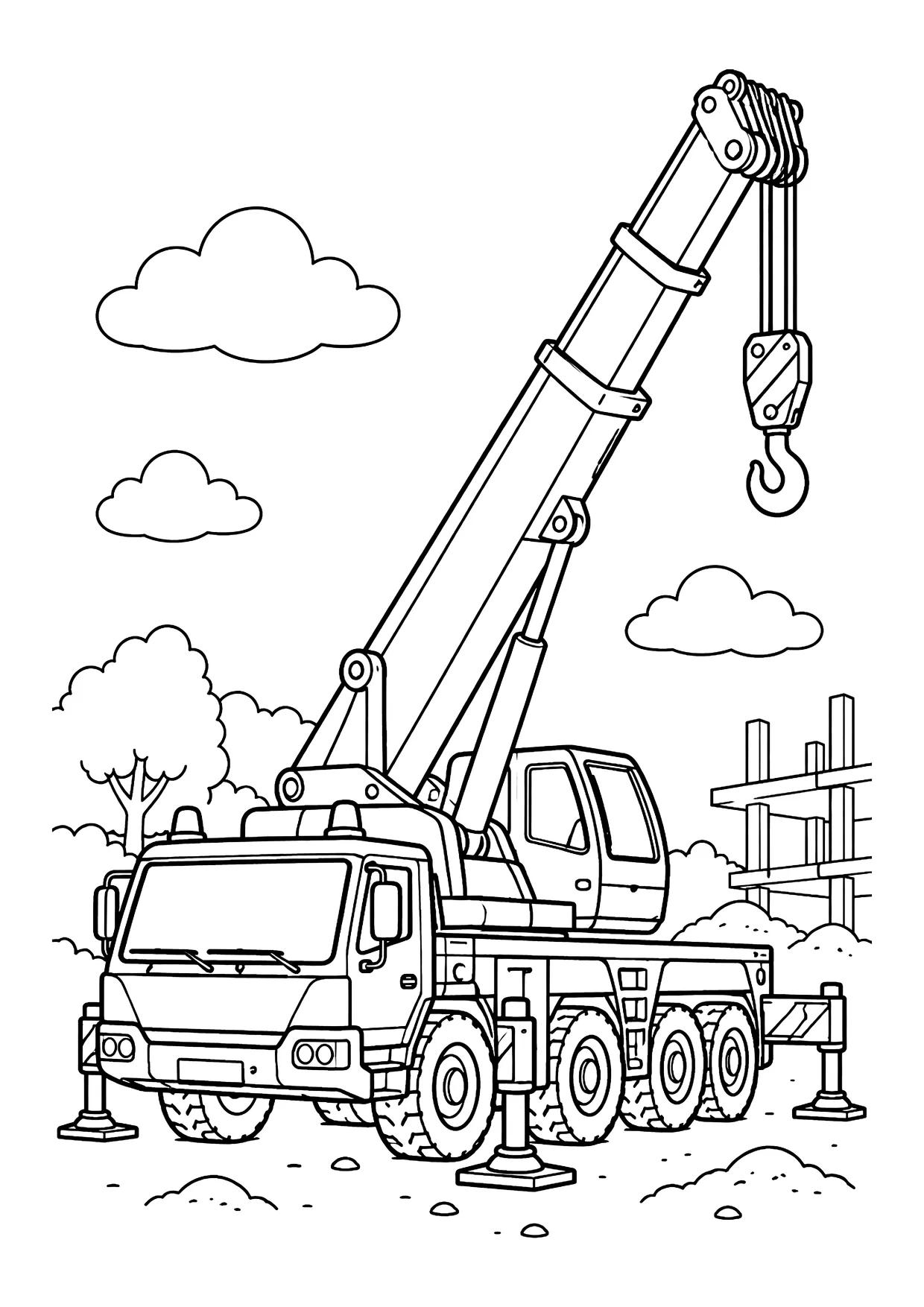 Ausmalbild: Mobilkran mit ausgefahrenem Teleskoparm und Haken auf einer Baustelle mit Gerüst, Baum und Wolken