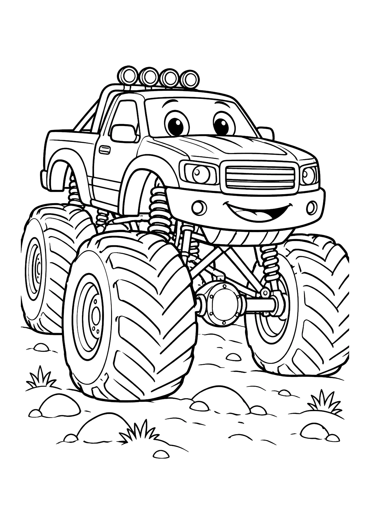 Ausmalbild: Monstertruck mit Gesicht, vier riesigen Stollenreifen, Dachlampen und Federn auf steinigem Boden
