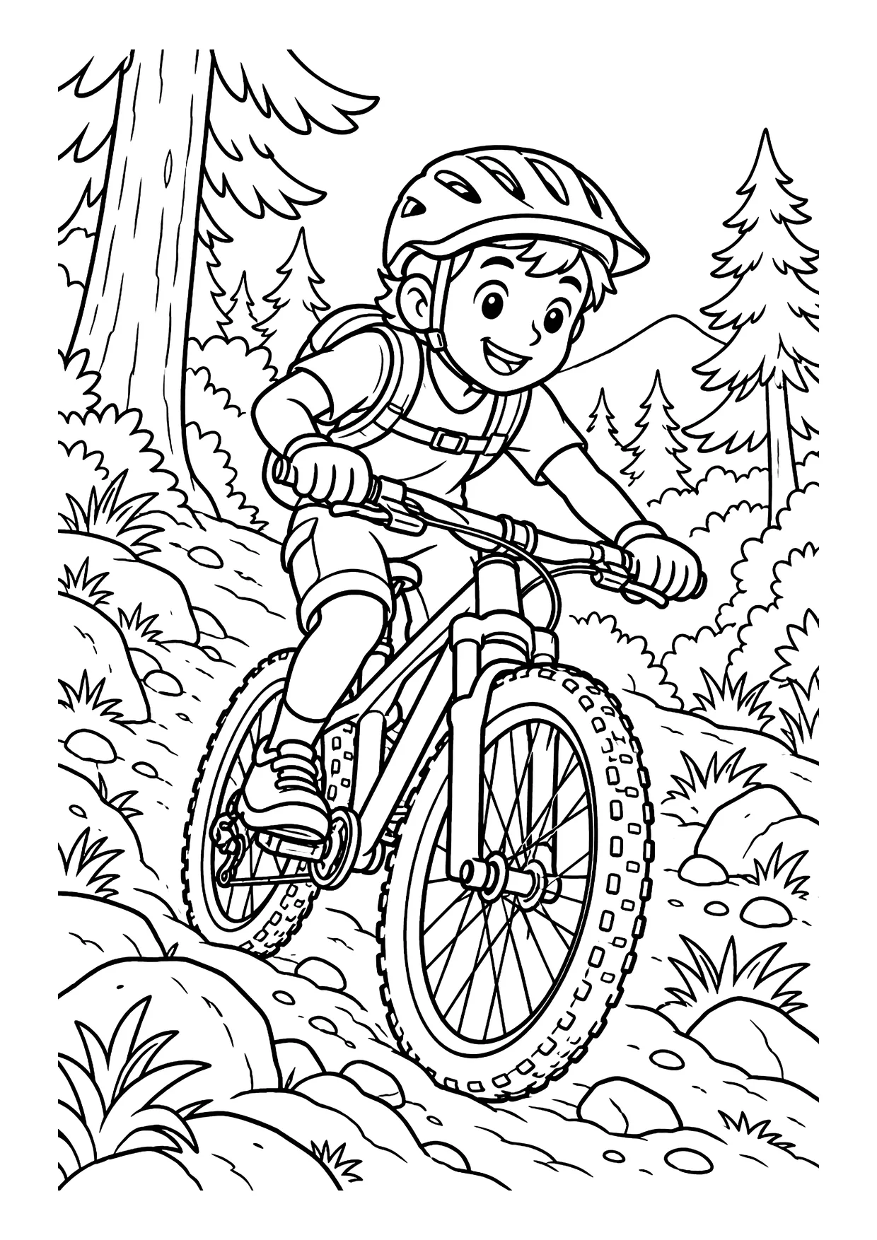 Ausmalbild: Kind mit Fahrradhelm fährt auf einem Mountainbike über einen steinigen Waldweg zwischen Tannen und Felsen