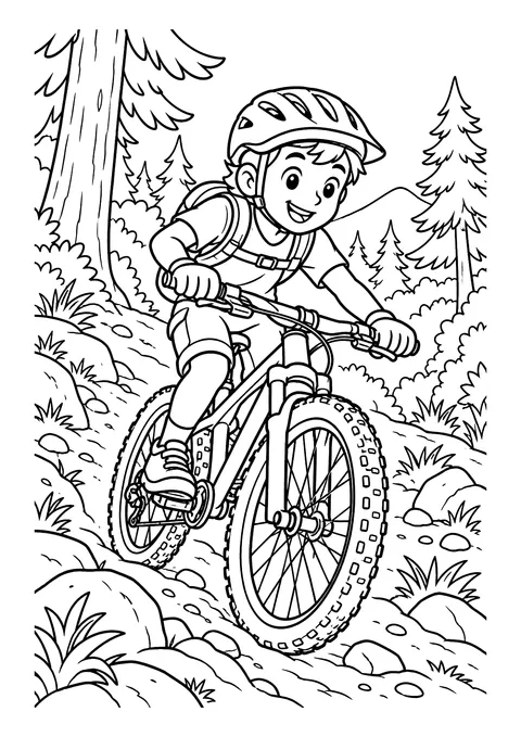 Ausmalbild: Kind mit Fahrradhelm fährt auf einem Mountainbike über einen steinigen Waldweg zwischen Tannen und Felsen