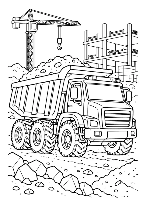 Ausmalbild: Muldenkipper mit beladener Mulde vor Baukran und Rohbau, Steine und Geröll im Vordergrund