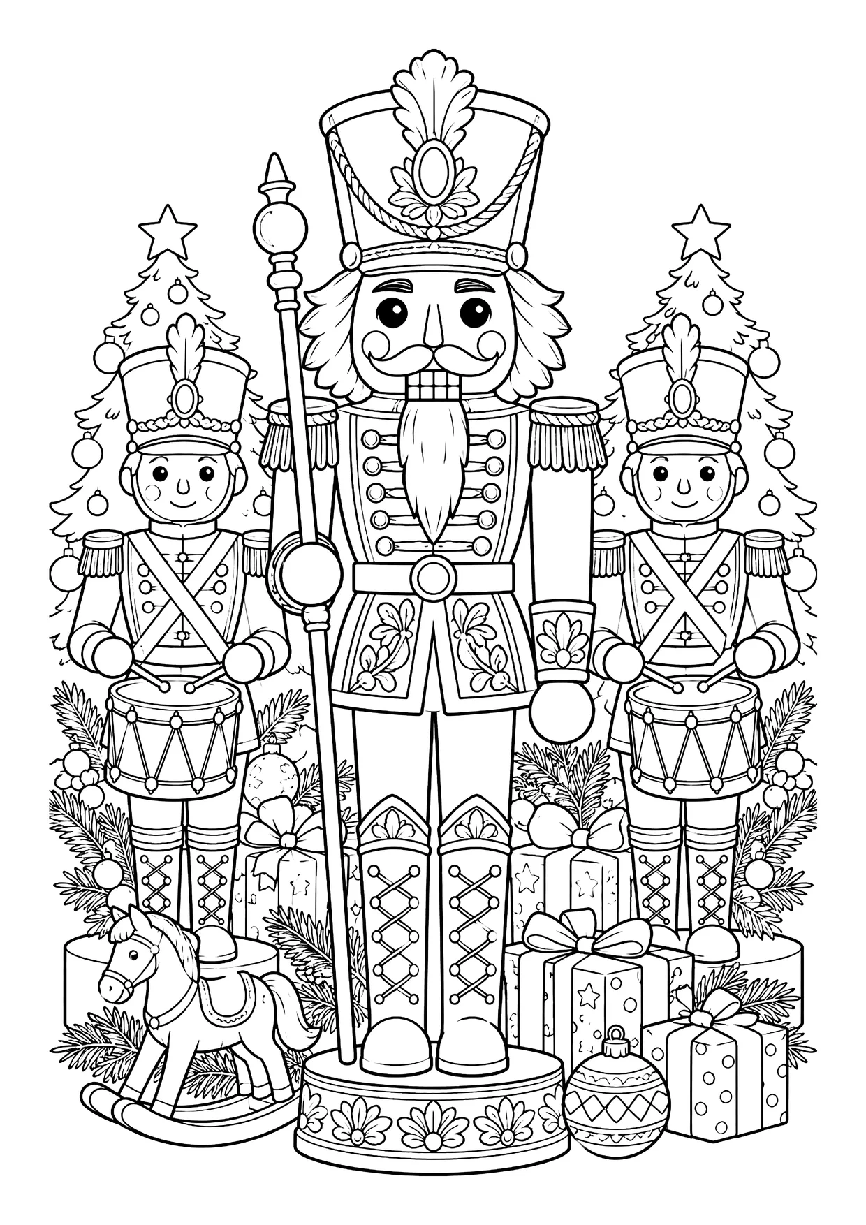 Ausmalbild: Nussknacker mit Zepter auf Sockel, zwei Trommler, Weihnachtsbäume, Geschenke und Schaukelpferd