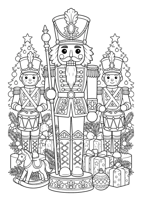 Ausmalbild: Nussknacker mit Zepter auf Sockel, zwei Trommler, Weihnachtsbäume, Geschenke und Schaukelpferd