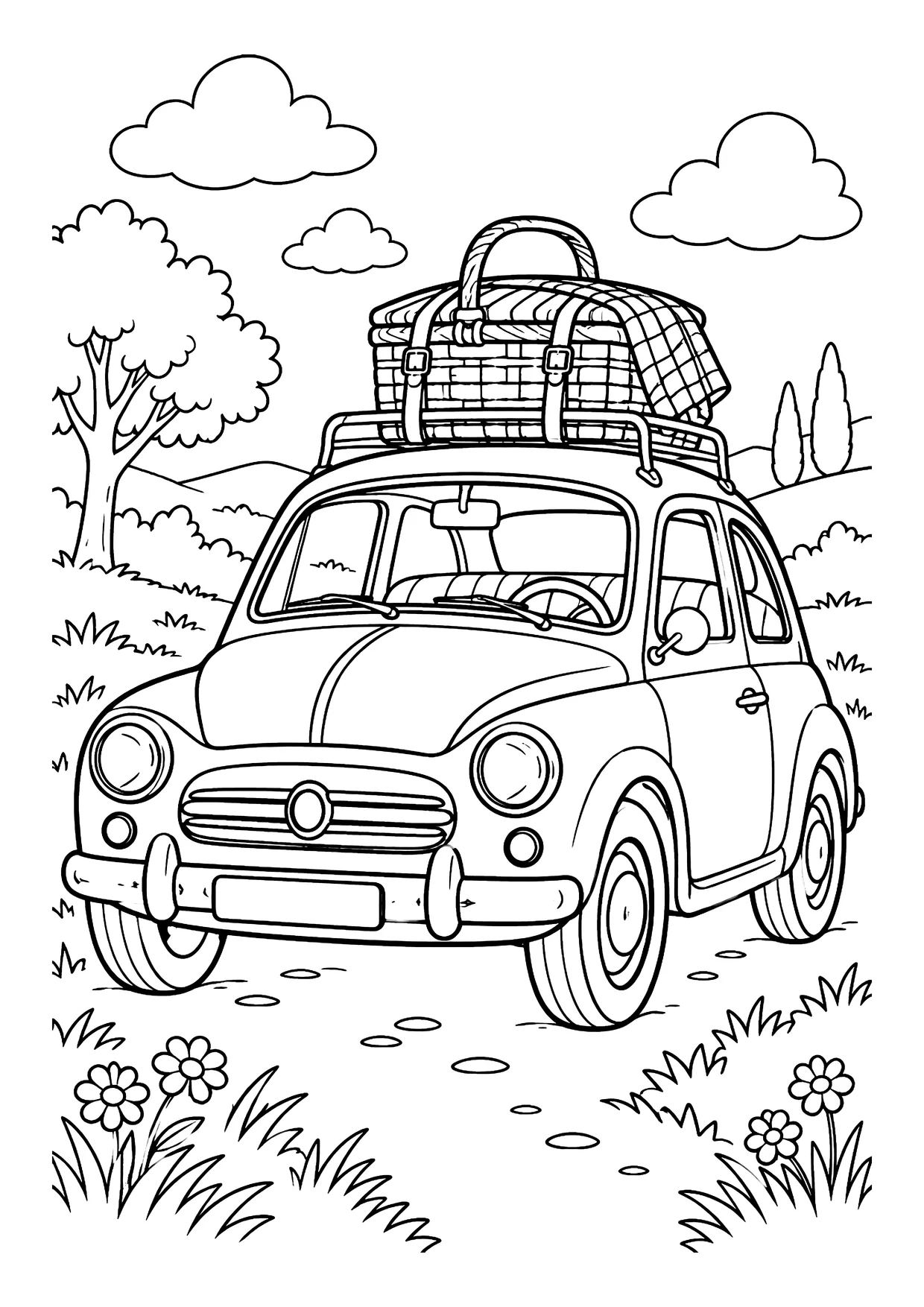 Ausmalbild: Oldtimer mit Picknickkorb und karierter Decke auf dem Dachgepäckträger auf einem Feldweg mit Wiese und Wolken