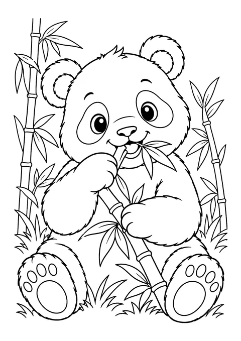 Ausmalbild: Sitzender Panda hält einen Bambusstängel und frisst Blätter, daneben Bambusstangen und Gras.
