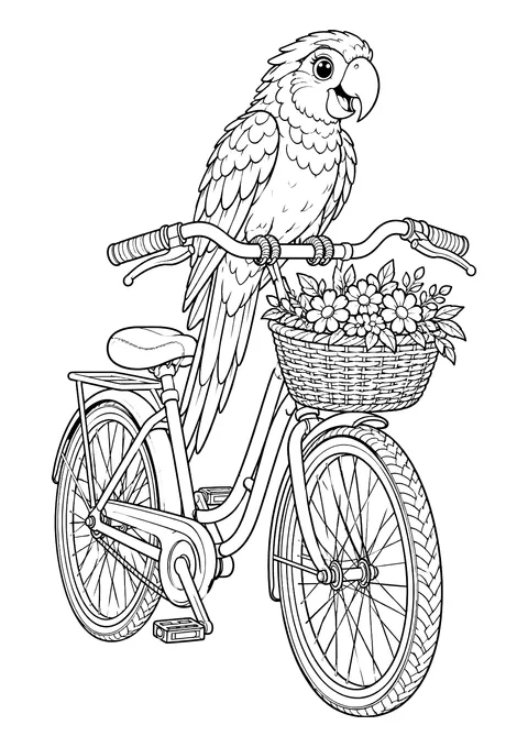 Ausmalbild: Papagei sitzt auf dem Lenker eines Fahrrads mit Blumenkorb am Vorderrad