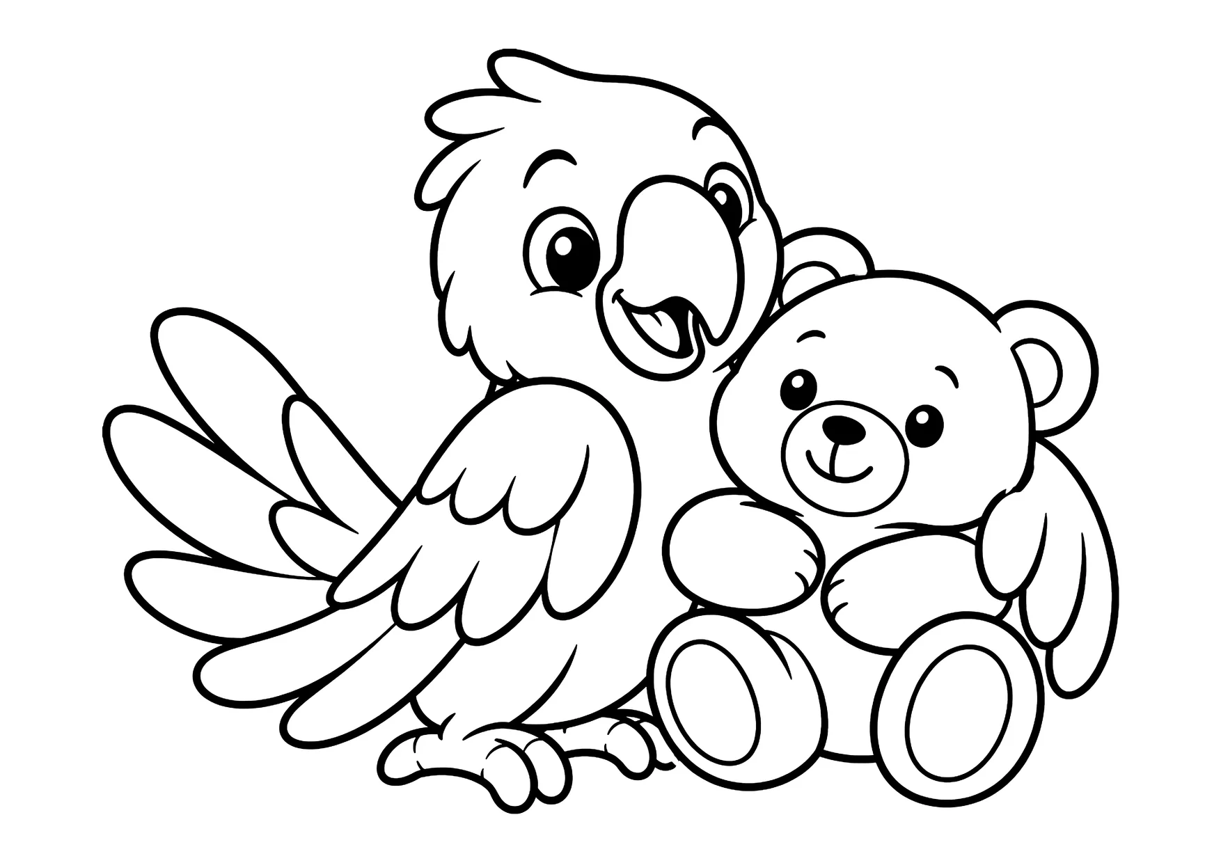 Ausmalbild: Lächelnder Papagei mit großem Schwanz sitzt neben einem sitzenden Teddybären