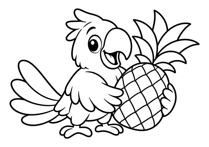 Ausmalbild: Lachender Papagei mit Federhaube hält eine große Ananas mit Blattkrone im Flügel