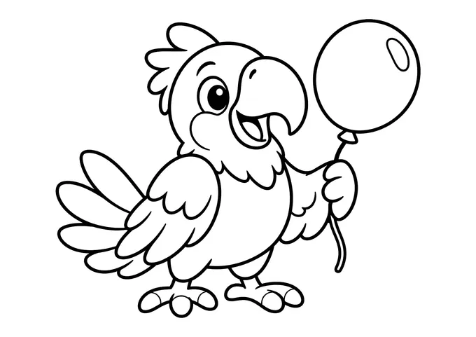 Ausmalbild: Lachender Papagei mit Federhaube hält einen großen Luftballon an einer Schnur