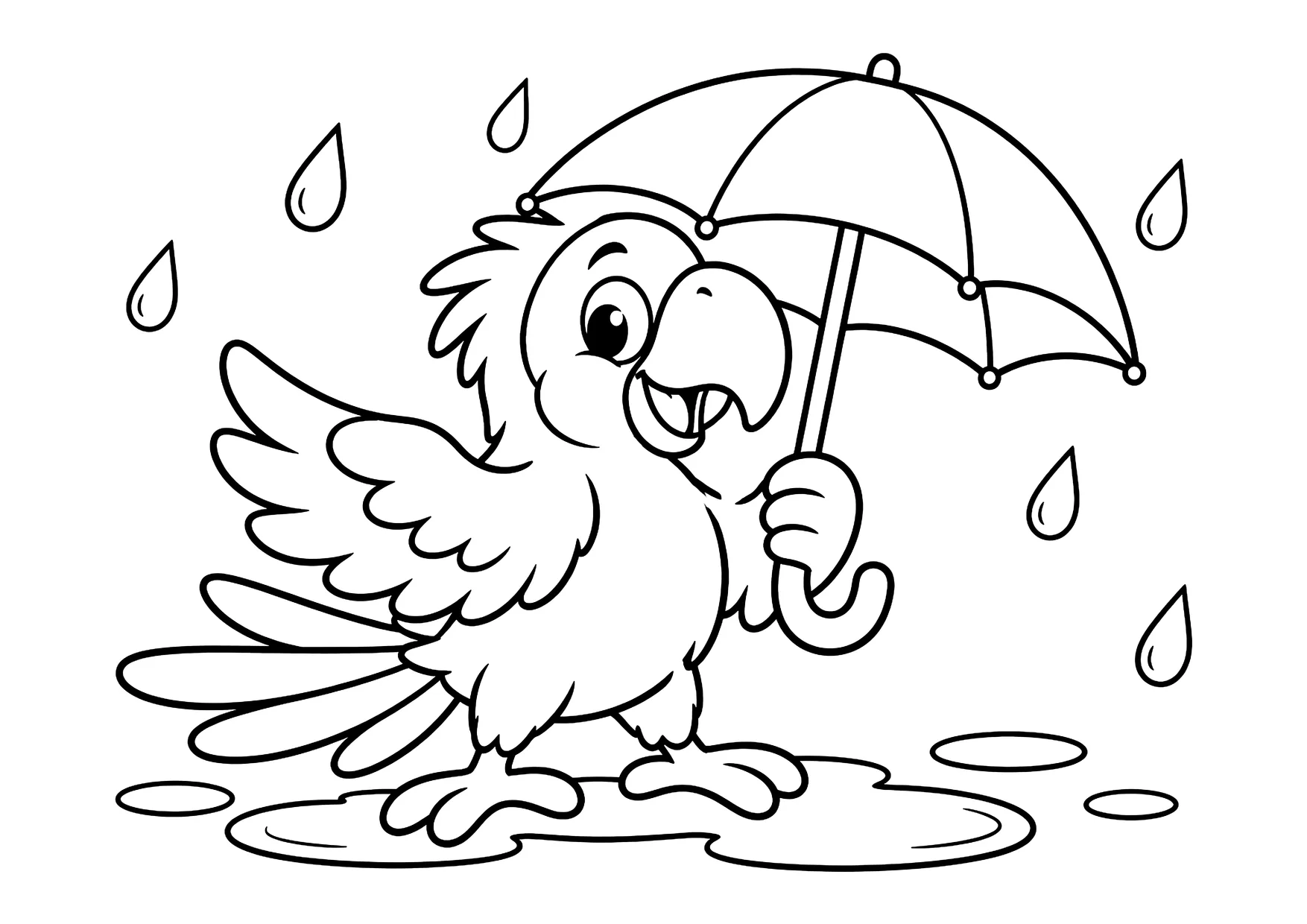 Ausmalbild: Lachender Papagei hält einen Regenschirm, steht in einer Pfütze, Regentropfen fallen herab