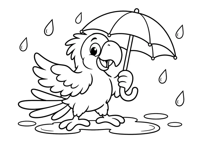 Ausmalbild: Lachender Papagei hält einen Regenschirm, steht in einer Pfütze, Regentropfen fallen herab