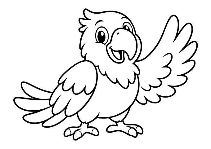 Ausmalbild: lächelnder Papagei im Profil, der einen Flügel zum Winken hochhebt, mit langen Schwanzfedern