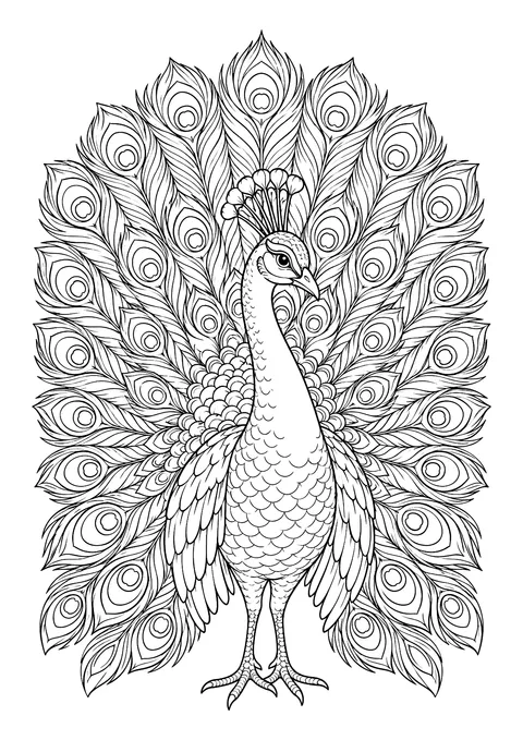 Ausmalbild: Pfau von vorn mit ausgebreitetem Federrad, Federhaube und vielen Augenfedern