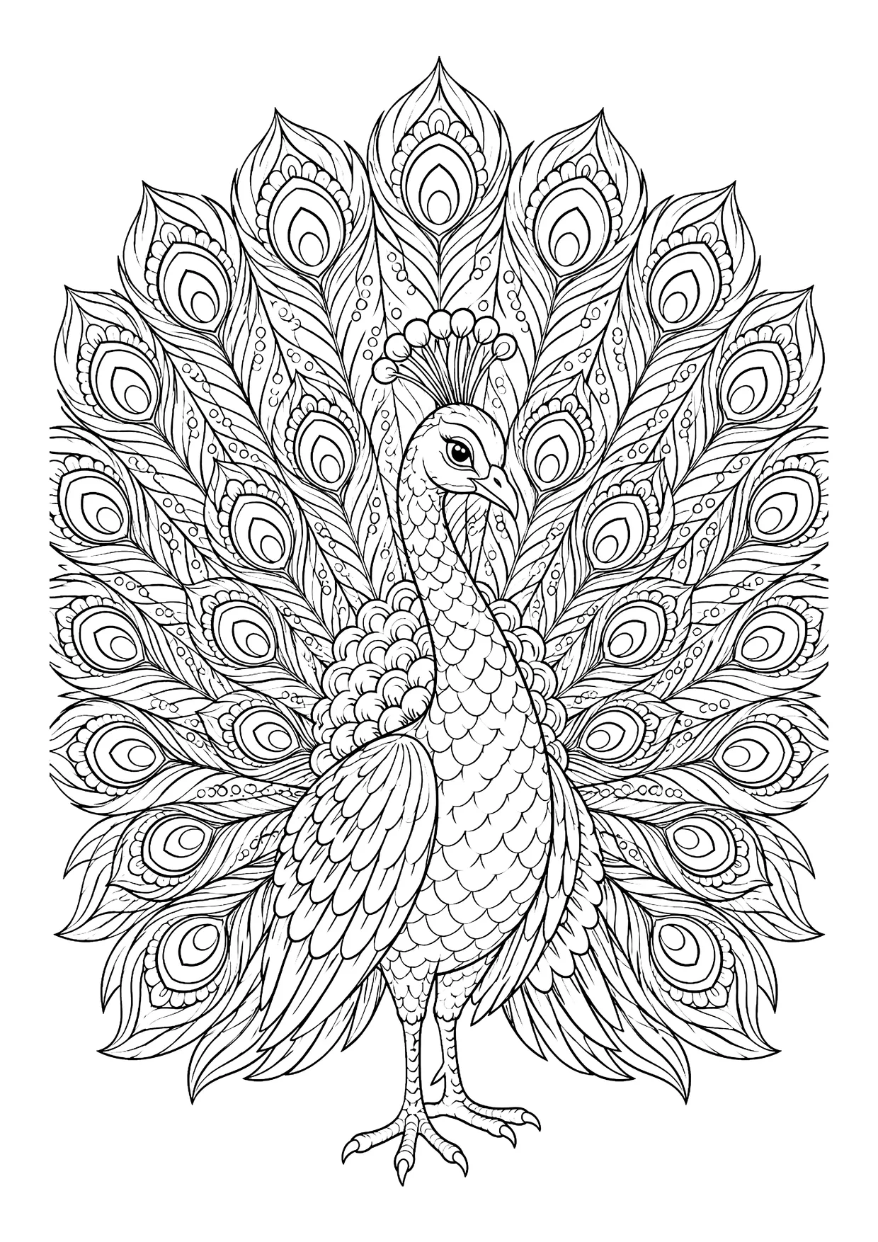 Ausmalbild: Pfau von vorn mit großem Federrad aus vielen Schmuckfedern mit Augenflecken und Federkrone