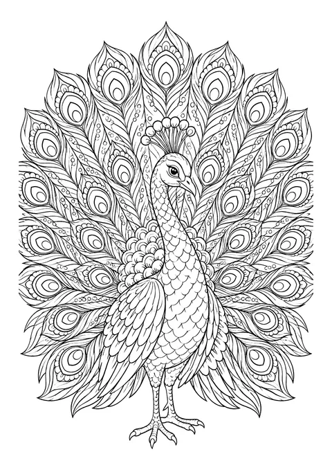 Ausmalbild: Pfau von vorn mit großem Federrad aus vielen Schmuckfedern mit Augenflecken und Federkrone