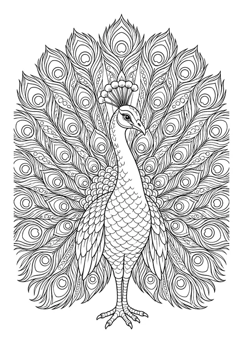 Ausmalbild: Pfau von vorn mit geschlagenem Federrad, Federkrone und vielen Augenfedern